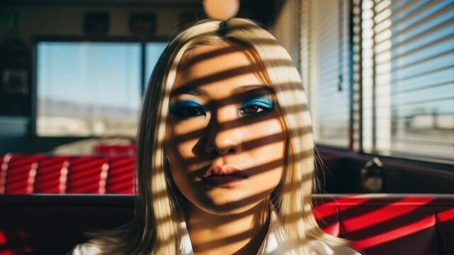 asian woman in white blouse sits in retro diner booth, casting striped shadows from window blinds, cinematic portrait. warm lighting and red seating with vintage, nostalgic atmosphere. fashion poster