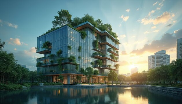 Modern eco-friendly office building with green vertical gardens and rooftop plants. Glass facade reflects serene pond and rich trees. Sustainable architecture concept for future urban living.