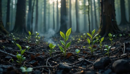 Concept Art Depicting Green Shoots Emerging from a Forest Floor After a Fire, Symbolic of Renewal and Hope