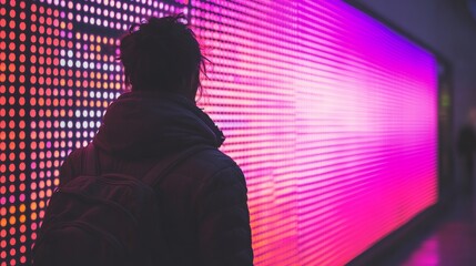 A silhouetted figure stands in front of a giant glowing digital billboard at night