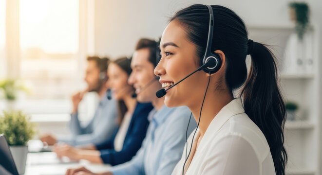 A diverse team of call center agents working together in a bright office environment
