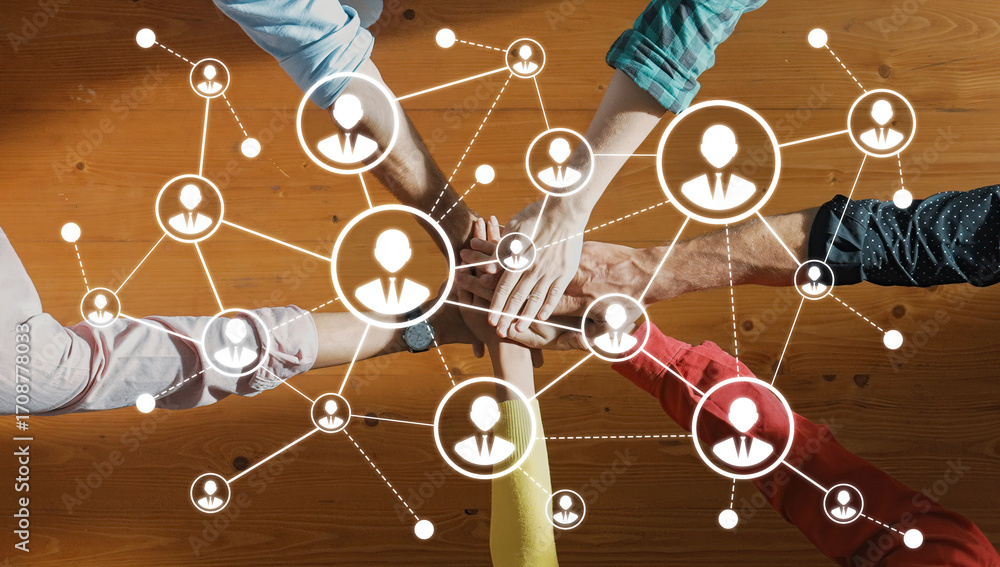 Aufkleber a dynamic visual representation showing hands connecting in a network, symbolizing teamwork and coll
