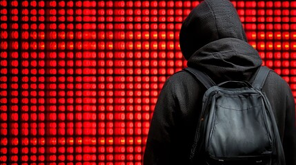 A silhouetted figure stands in front of a giant glowing digital billboard at night