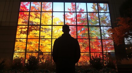 A silhouetted figure stands in front of a giant glowing digital billboard at night