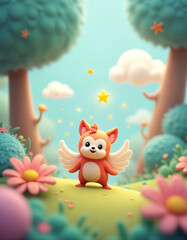 Fototapeta premium Adorable winged fox character in whimsical 3D rendered fairytale forest scene; cheerful, magical mood.