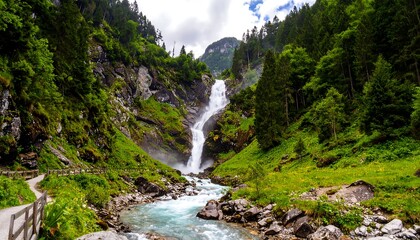 Cascading waterfall in a forested valley with lush vegetation and a rocky riverbed