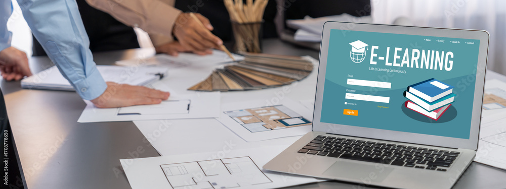 Poster Group of interior architect designer discussing together on blueprint and laptop screen display architecture software for more precise designing layout. Modern home design and renovation. Insight