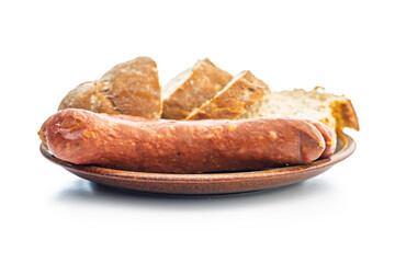 Smoked sausages and bread on plate isolated on white background.