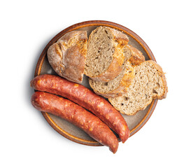 Smoked sausages and bread on plate isolated on white background.