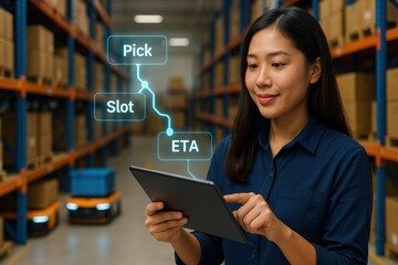 Warehouse operations employee managing inventory using tablet technology distribution center digital management organized environment close-up view efficiency concept