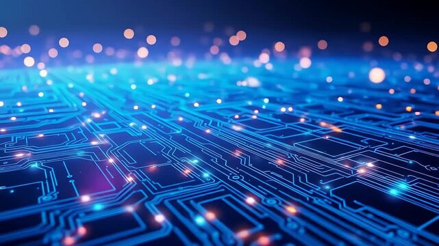 Close-Up View of Glowing Electronic Circuit Board with Data Connections