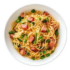 Delicious Noodles with Ham and Green Onions in a Bowl, Perfect for Quick Meals or Comfort Food on transparent background