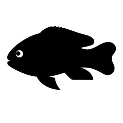 Black silhouette of a fish with white eye on a white background