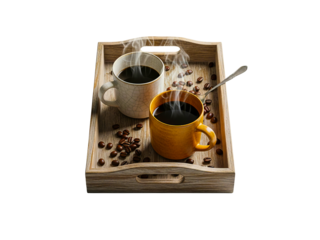 Two steaming cups of coffee on a wooden tray isolated on transparent background