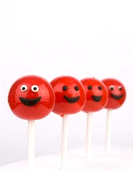 Fototapeta premium Four red lollipop treats, each with a smiling face