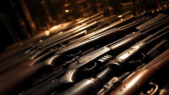 Various firearms weapons display metallic texture detail close-up