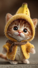 Obraz premium Adorable Cat in Yellow Outfit: A charming kitten wearing a cute yellow outfit, complete with a matching hoodie and banana, exuding an irresistibly cute and cuddly vibe.