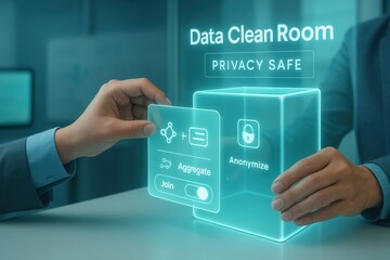 Data clean room action for privacy compliance corporate office digital content high-tech environment close-up viewpoint anonymization concept