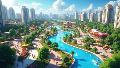 Vibrant urban park with water features, entertainment. Modern city landscape winding blue river, green trees, contemporary buildings. People enjoy recreation, swimming, leisure activities on sunny
