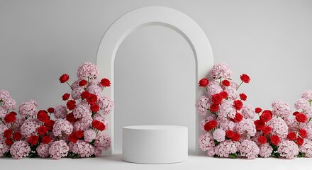 Floral display with arch and podium, pink and red flowers, white background
