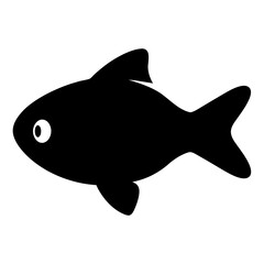 Simple black fish illustration with eye, fin, and tail on white background