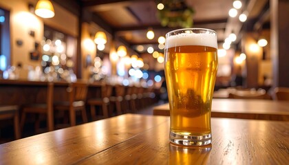 A glass of light beer on a wooden table in a dimly lit pub