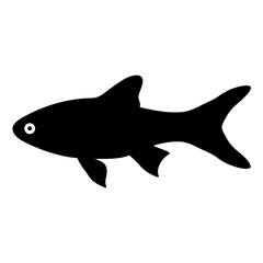 A solid black silhouette of a stylized fish swimming towards the right