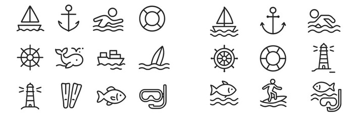Nautical themed icons showcasing various water activities and marine life in a playful design © PAPA STOCK