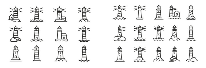 Illustrations of various lighthouse designs showcasing maritime themes and coastal elements