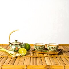 Aromatic herbal tea set on bamboo