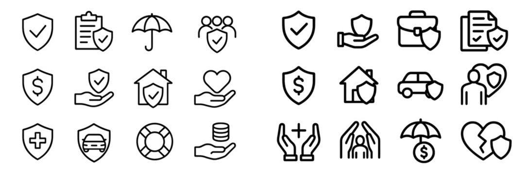 Collection of simple icons representing insurance, protection, and safety concepts in a clear format