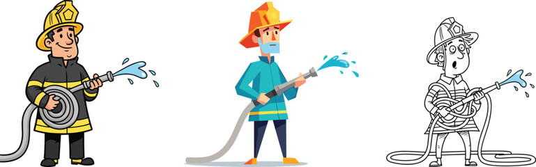 Cartoon firefighters spraying water, fireman holding hose, firefighter in uniform, emergency rescue illustration, comic firefighting artwork, vector fire safety character design
