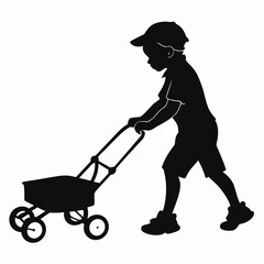 Boy pushing toy cart