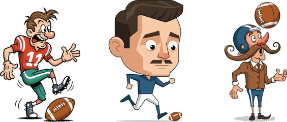 Funny cartoon characters playing American football, vintage athlete, modern runner, silly player, sports humor illustration, whimsical sportspeople in action
