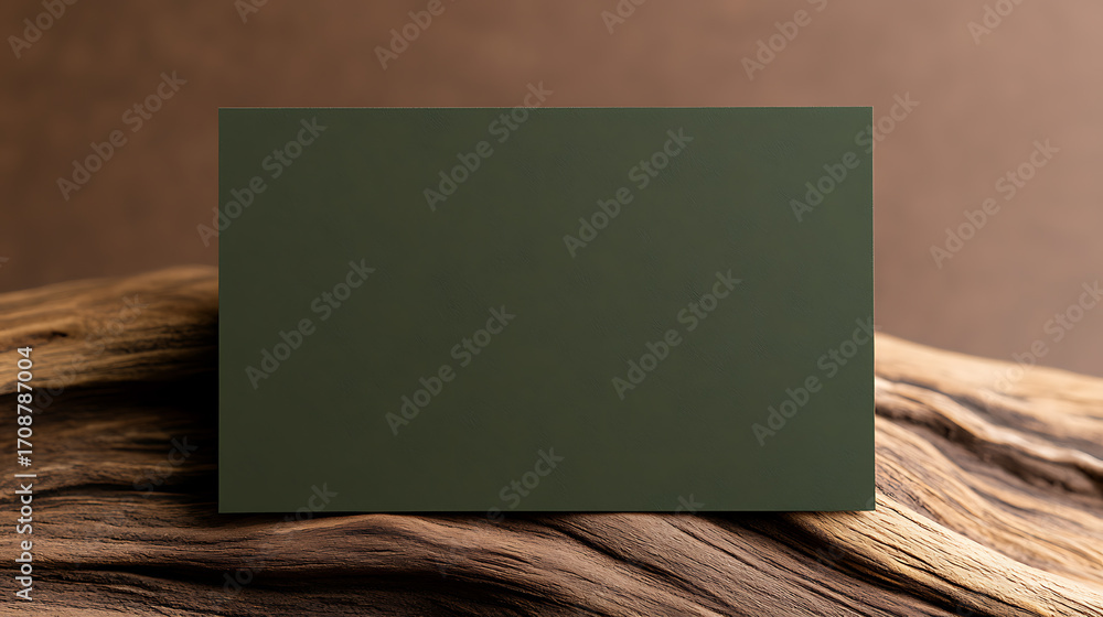 Poster minimalist green rectangular element displayed on textured wood surface with brown backdrop. simple,