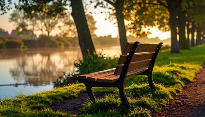 Fototapeta premium Serene Sunrise: Wooden Bench by Calm River, Autumnal Park