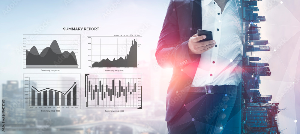 Poster a business professional stands in an urban setting, analyzing a summary report on a smartphone while