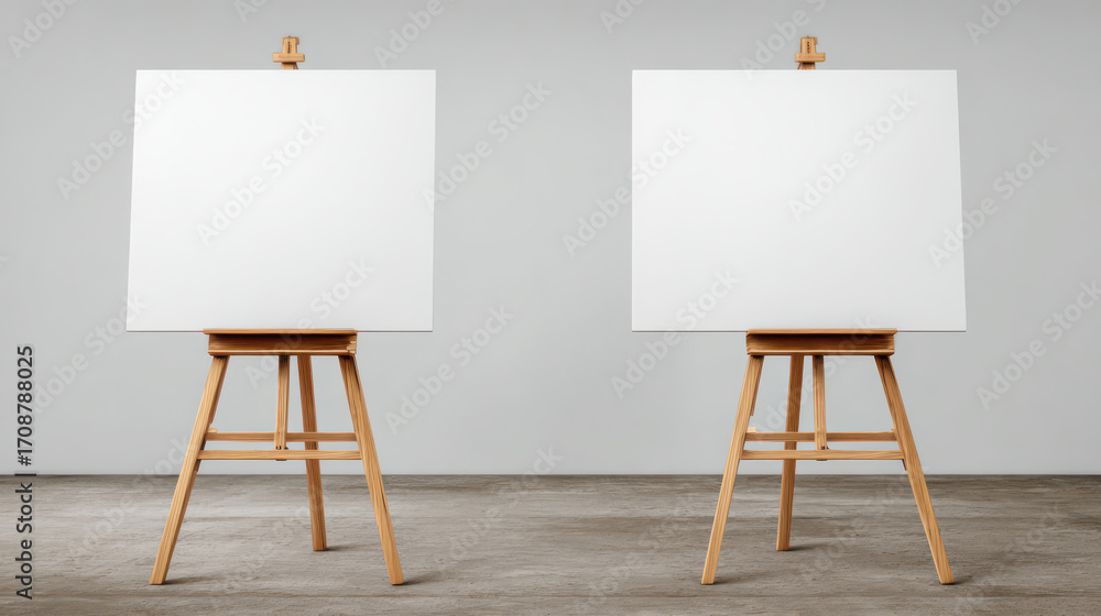 Poster empty canvas display: two wooden easels stand poised, each holding a blank white canvas, inviting cr