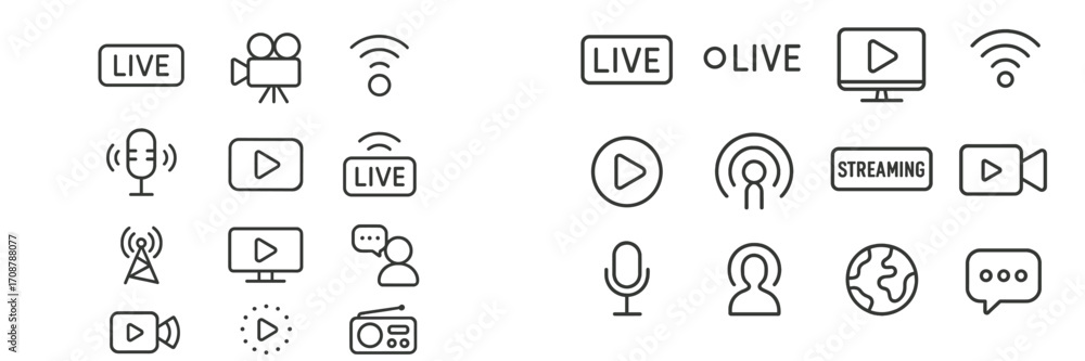 Poster streaming and live broadcasting icons in a simple line design for digital media use