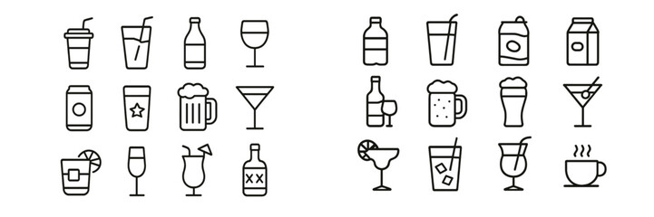 Variety of drink icons featuring cocktails, sodas, and coffee in a clean, simple design for diverse beverage themes