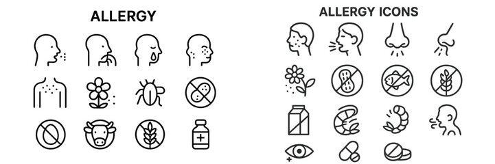 Collection of allergy-related icons showing symptoms and triggers for easy identification and understanding