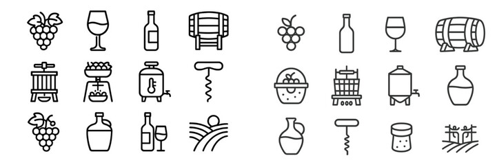 Collection of wine-related icons showcasing various elements of winemaking and vineyard activities including grapes, bottles, and barrels