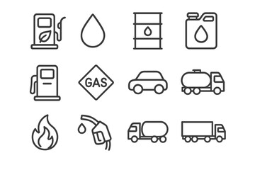 Icon set representing various fuel types, oil containers, and transportation methods used in the energy industry © PAPA STOCK