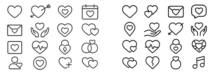 Collection of heart icons representing love, care, and connection in various styles and designs
