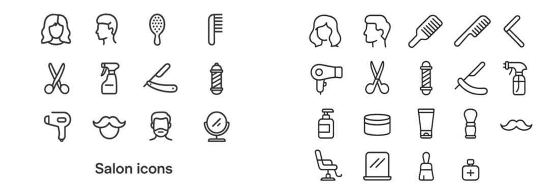 Set of line icons representing various salon tools and services for haircuts and grooming activities