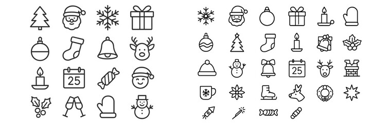 Collection of simple winter and holiday icons featuring Christmas symbols and decorations