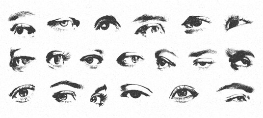 Monochrome Eyes Pack with Grunge Y2K Halftone Effect – Retro Photocopy Collage Elements. Y2K style with halftone stipple texture. Vintage zine layout and music poster illustration.