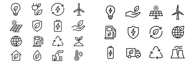 Icons representing renewable energy concepts and sustainable practices in a modern design style