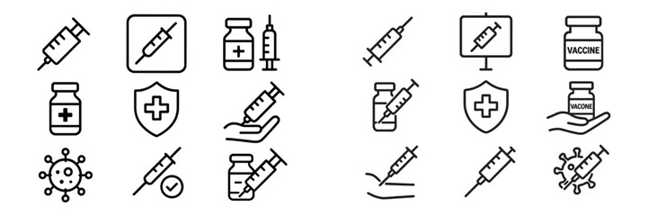 Icons representing vaccination and health care during the pandemic displayed on a digital background