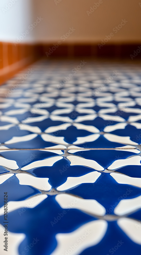 Poster blue and white patterned tiles create a striking floor surface. the repeating geometric design adds 
